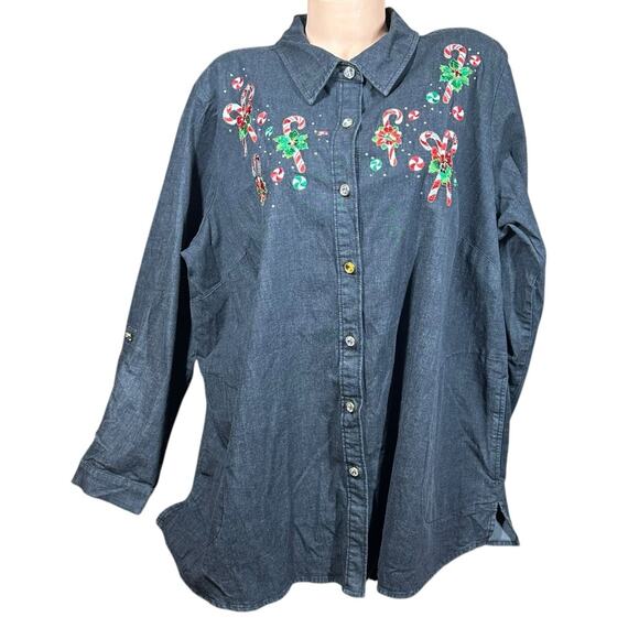 Quacker Factory Denim Roll Tab Sleeve Embroidered Candy Cane Shirt Shacket 2X - Picture 1 of 12